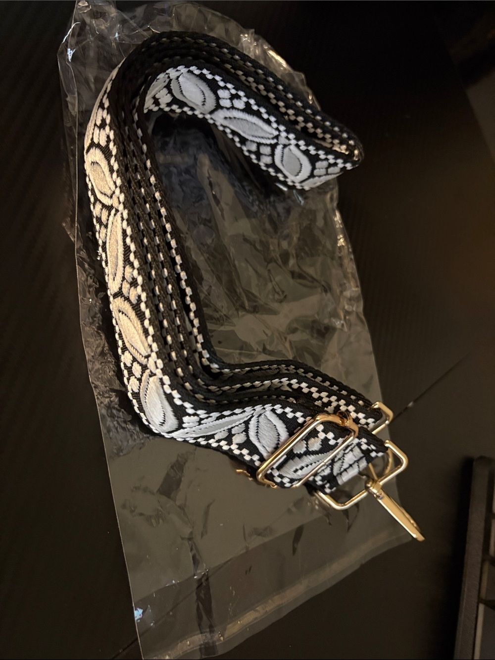 Woven Black & White Floral Strap with Gold Hardware
